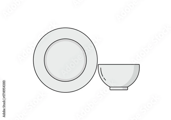 Fototapeta White plate and bowl side by side with black outlines on a white background