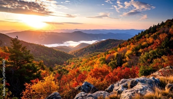 Fototapeta Majestic Autumn Sunrise over Appalachian Mountains, vibrant fall foliage, misty valley