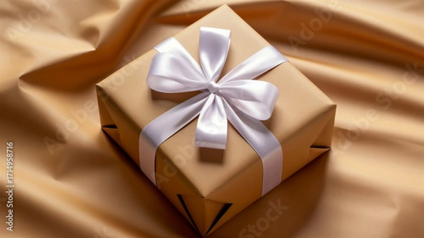 Fototapeta Square Gift Box Wrapped in Gold Paper Tied with a White Satin Ribbon Bow present