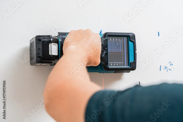 Fototapeta Electric Hand Using Digital Stud Finder Detecting Wires in Wall