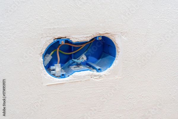 Fototapeta Electrical Wall Box With Exposed Wiring For Wall Socket