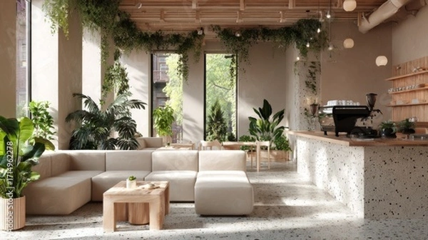 Fototapeta Modern minimalist cafe with terrazzo counter and indoor greenery