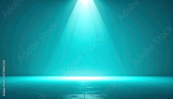Fototapeta A teal-colored empty space, illuminated by a spotlight, creating a dramatic and modern presentation backdrop.