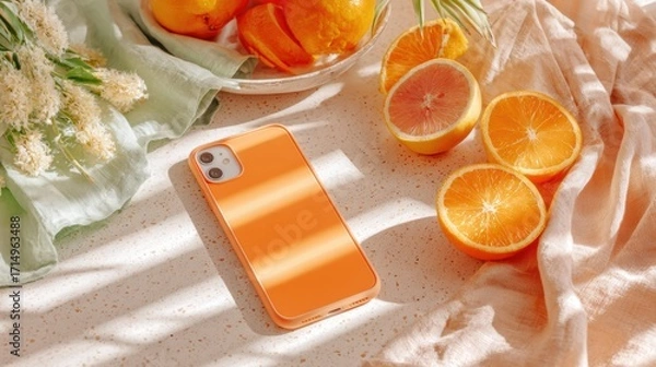 Fototapeta Flat lay of an orange smartphone placed on a light table surrounded by halved oranges, grapefruit, and white flowers under natural sunlight.