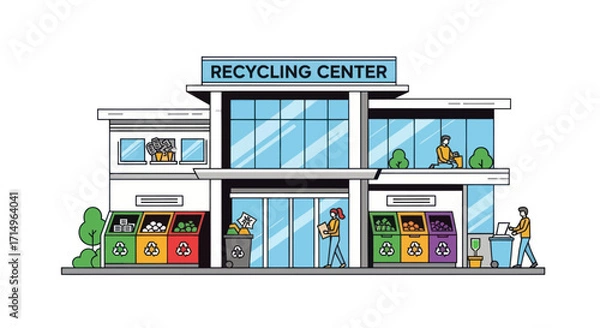 Fototapeta Modern Recycling Center Building with People and Bins.