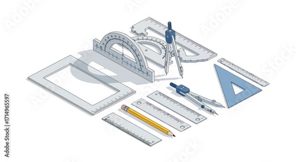 Fototapeta Drafting Tools Set: Rulers Compasses Protractor and Pencil for Technical Drawing.