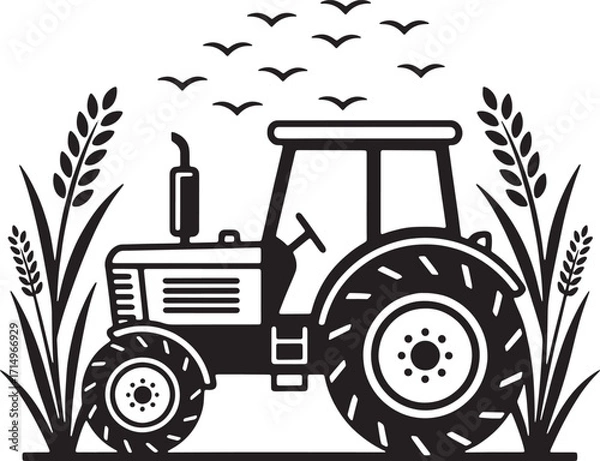 Fototapeta Tractor silhouette with birds isolated on white background for agricultural themes