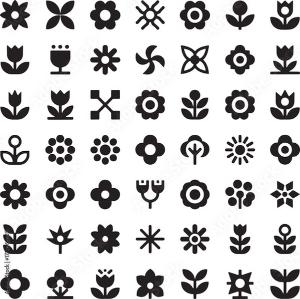 Fototapeta Collection of diverse flower icons isolated on white background for design use