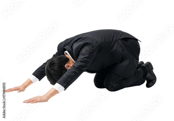 Fototapeta Business Man Bowing Deeply Showing Respect Apology Gratitude Gesture Isolated on Transparent Background