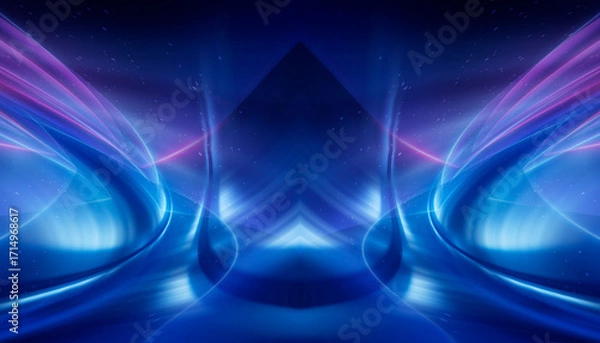 Fototapeta Dark abstract background with neon light, blurred lines, studio scene