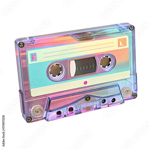 Fototapeta Vintage cassette tape with iridescent colors symbolizes music nostalgia and retro audio aesthetics
