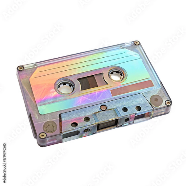 Fototapeta Retro cassette tape with holographic design isolated on black background for nostalgic music lovers