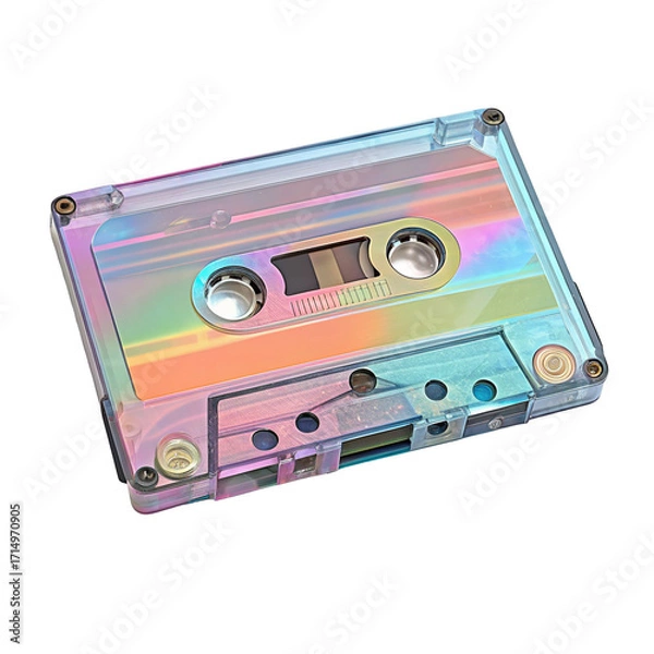 Fototapeta Colorful vintage cassette tape with holographic design on black background for retro music lovers