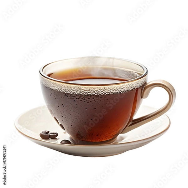 Fototapeta Steaming hot cup of coffee with elegant white saucer and coffee beans perfect for a coffee break
