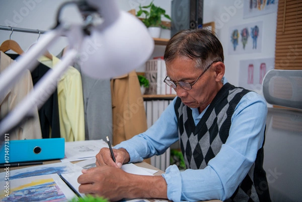 Fototapeta An elderly man in a sweater vest diligently sketches designs at his workspace.
