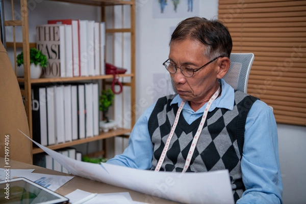 Fototapeta Focused man reviewing documents in a well-organized office setting.