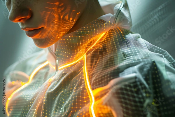Fototapeta Futuristic smart textile with glowing micro sensor threads in innovative fashion design