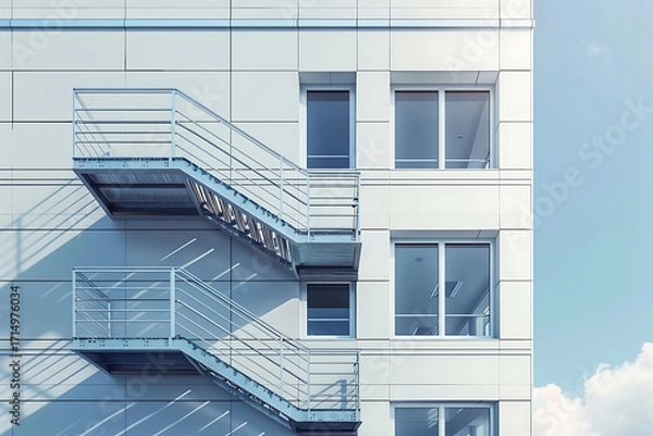 Fototapeta Modern educational building with external fire escape balconies during student emergency drill