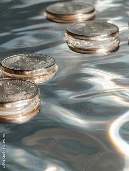Fototapeta Shiny coins resting on the surface of water showcasing rippling reflections and details under bright lights