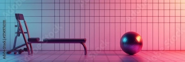 Fototapeta Modern gym setup featuring a workout bench and exercise ball in a colorful ambient light, creating a vibrant atmosphere for fitness activities