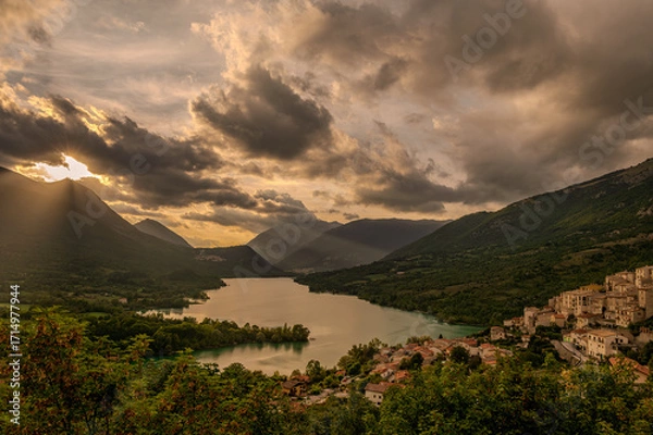 Fototapeta Lake Barrea is an artificial lake in the province of L'Aquila, in the Alto Sangro area; created in 1951 by damming the Sangro River near the Barrea Gorge, between the Marsicani Mountains.