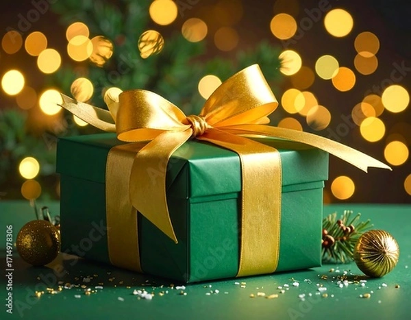 Fototapeta Green gift box with gold ribbon, festive bokeh background