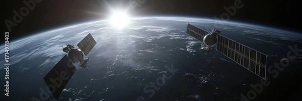 Fototapeta Satellites orbiting Earth as the sun rises over the horizon, showcasing the beauty of space and our planet from above