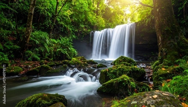 Fototapeta Lush waterfall cascading through a mossy forest