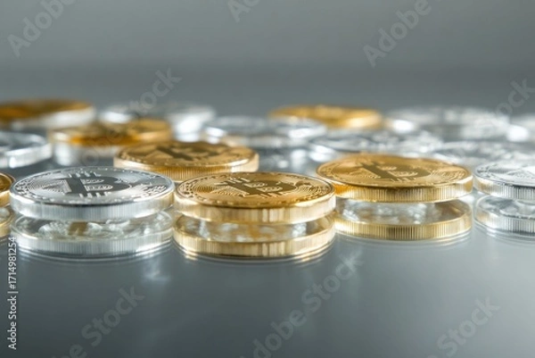 Fototapeta Collection of shiny cryptocurrency coins stacked on a reflective surface with soft light enhancing their metallic features