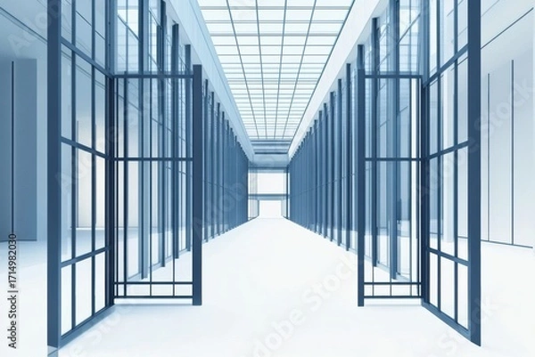 Fototapeta Modern architectural hallway with large glass walls and open space during daylight