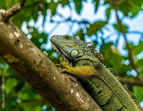 Obraz Green iguana on a tree branch