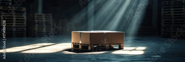 Fototapeta Mysterious package on a wooden pallet in an empty warehouse with rays of sunlight shining through