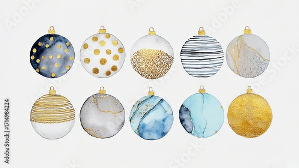 Fototapeta Watercolor Christmas baubles arranged in two rows against a white background.  Space for text. 