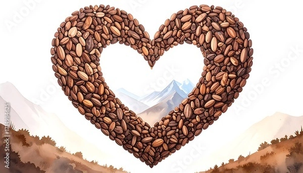 Fototapeta Heart-Shaped Cacao Beans with Mountain Landscape