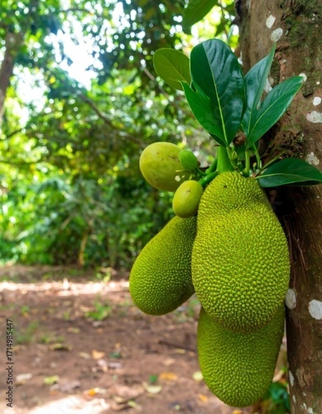 Fototapeta Green Jackfruit Cluster on Tree