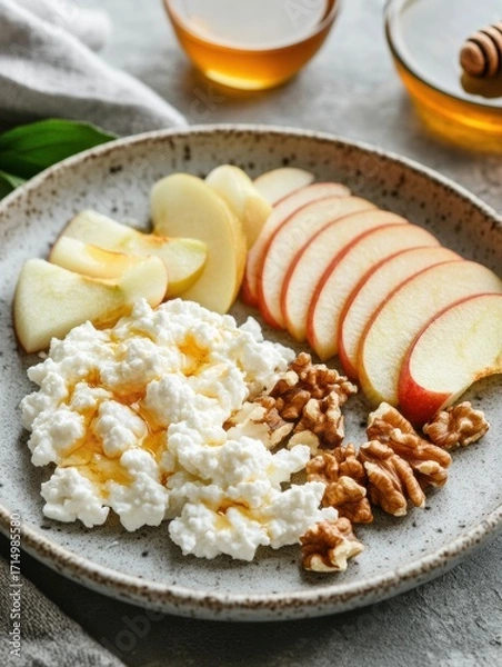 Fototapeta Healthy breakfast plate featuring sliced apples, cottage cheese, walnuts, and honey drizzled on top served in a cozy kitchen setting