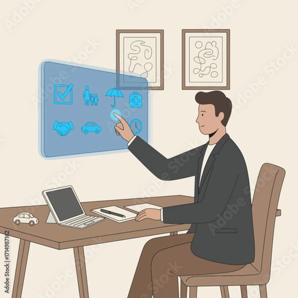 Fototapeta Man using a digital interface to select insurance options at his desk