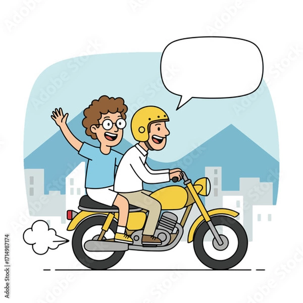 Fototapeta Two friends riding a yellow motorcycle with a speech bubble above them