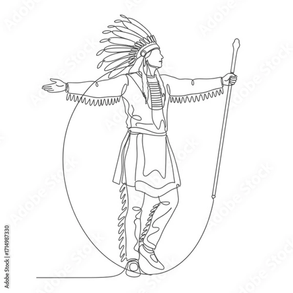 Obraz Indigenous man in traditional attire dancing with a staff  