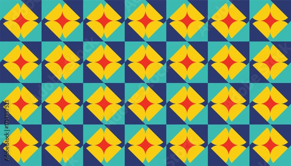 Obraz Colorful seamless geometric pattern featuring yellow diamond star shapes on blue and teal squares, vibrant abstract design perfect for wallpapers, textiles, and digital backgrounds