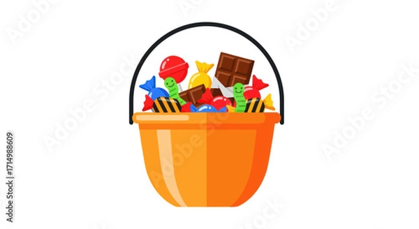 Fototapeta Orange Bucket Filled with Colorful Halloween Candy and Chocolate Treats.