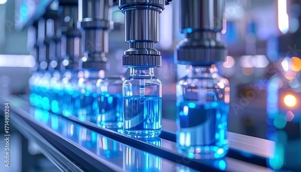 Obraz Automated Pharmaceutical Production: Filling Vials with Blue Liquid on Conveyor Belt
