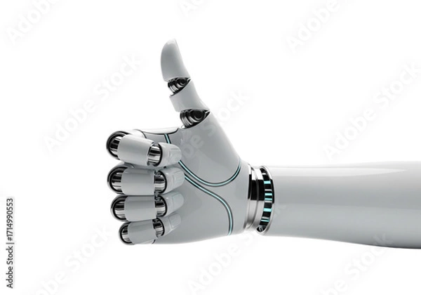 Fototapeta Robotic hand giving thumbs up gesture of approval isolated on transparent background