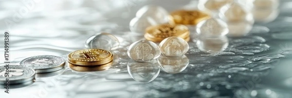 Fototapeta Exploring the rise of cryptocurrency coins on a reflective surface with different colors and textures