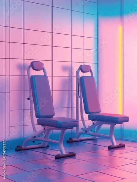 Fototapeta Modern fitness benches in a vibrant gym with neon lights illuminating the pastel-colored walls during evening hours