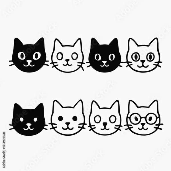 Fototapeta Cute cat face collection for whimsical designs and playful projects – perfect for kids' products, pet stores, and charming branding, adorable and fun