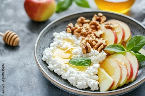 Fototapeta Healthy breakfast bowl with cottage cheese, fresh apple slices, honey, and nuts, served with a touch of basil for flavor
