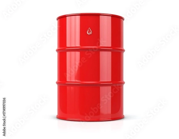 Fototapeta A vibrant, glossy red barrel stands against a white background, showcasing a simple design and clear oil industry branding.