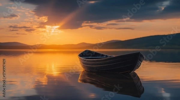 Fototapeta A lone wooden rowboat floating on a calm lake at sunset, casting a dark silhouette under a glowing sky, symbolizing peace, solitude, and natural beauty.