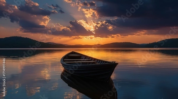 Fototapeta A lone wooden rowboat floating on a calm lake at sunset, casting a dark silhouette under a glowing sky, symbolizing peace, solitude, and natural beauty.